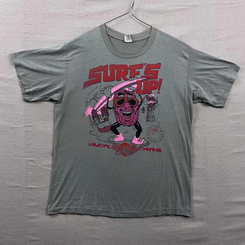 Vintage 80s Design Promotion California Raisins T-Shirt Paper Thin Grey Surfs Up